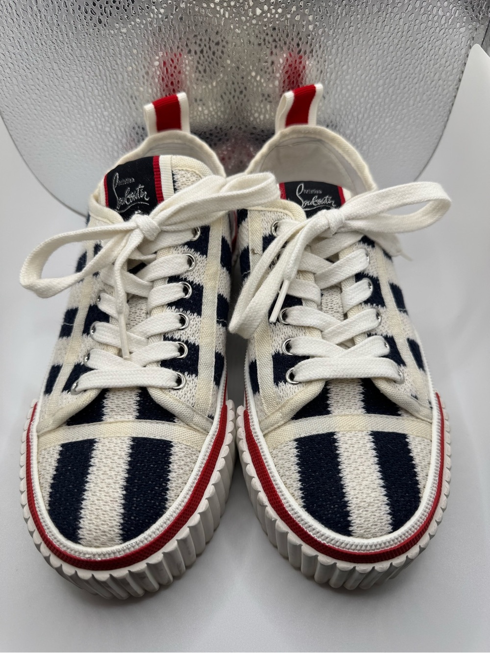 Christian Louboutin Navy & White Striped Low-Top Sneakers with Red Trim - Picture 5 of 15
